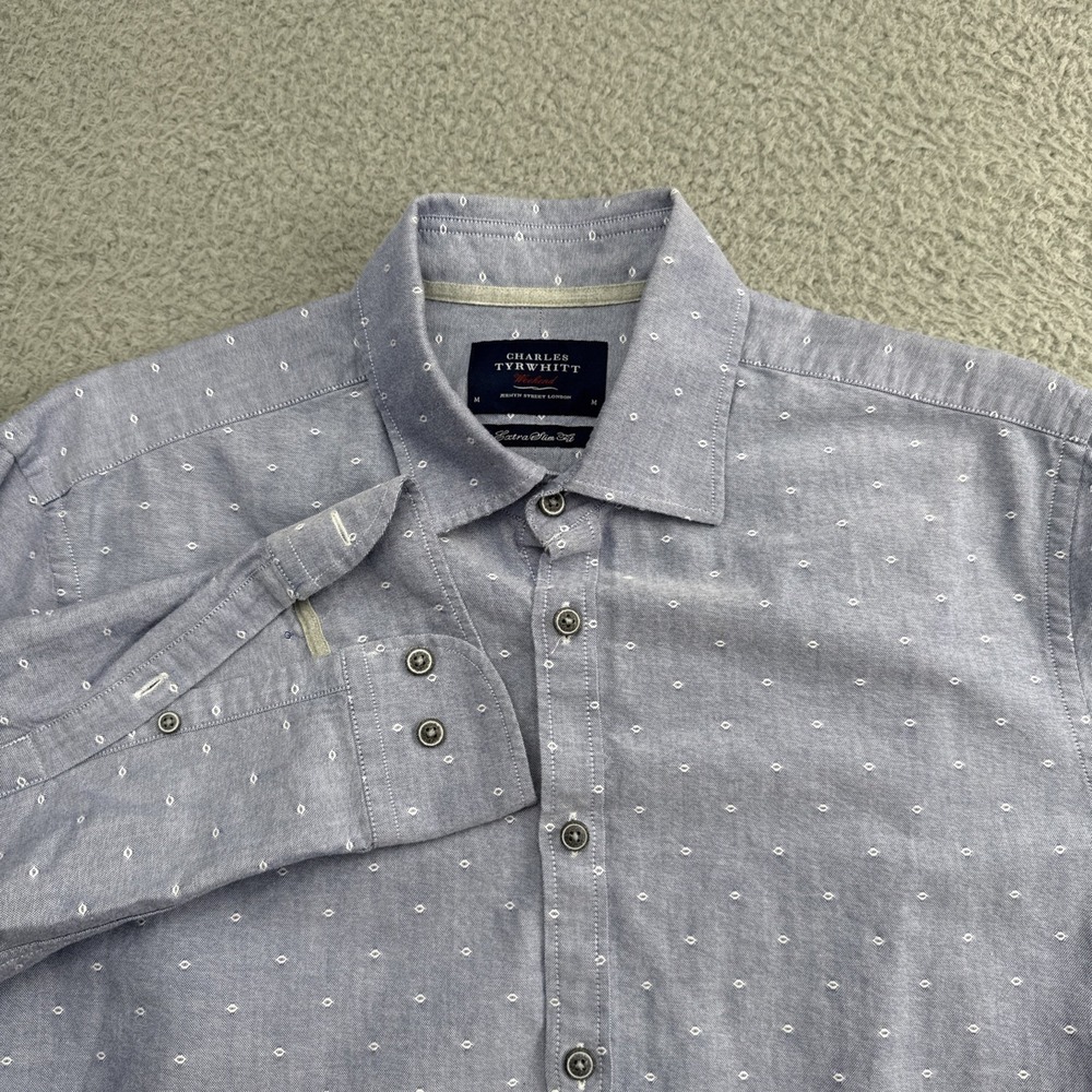 Charles Tyrwhitt Button-Up Mens M Blue Geometric Extra Slim Fit Long Sleeve